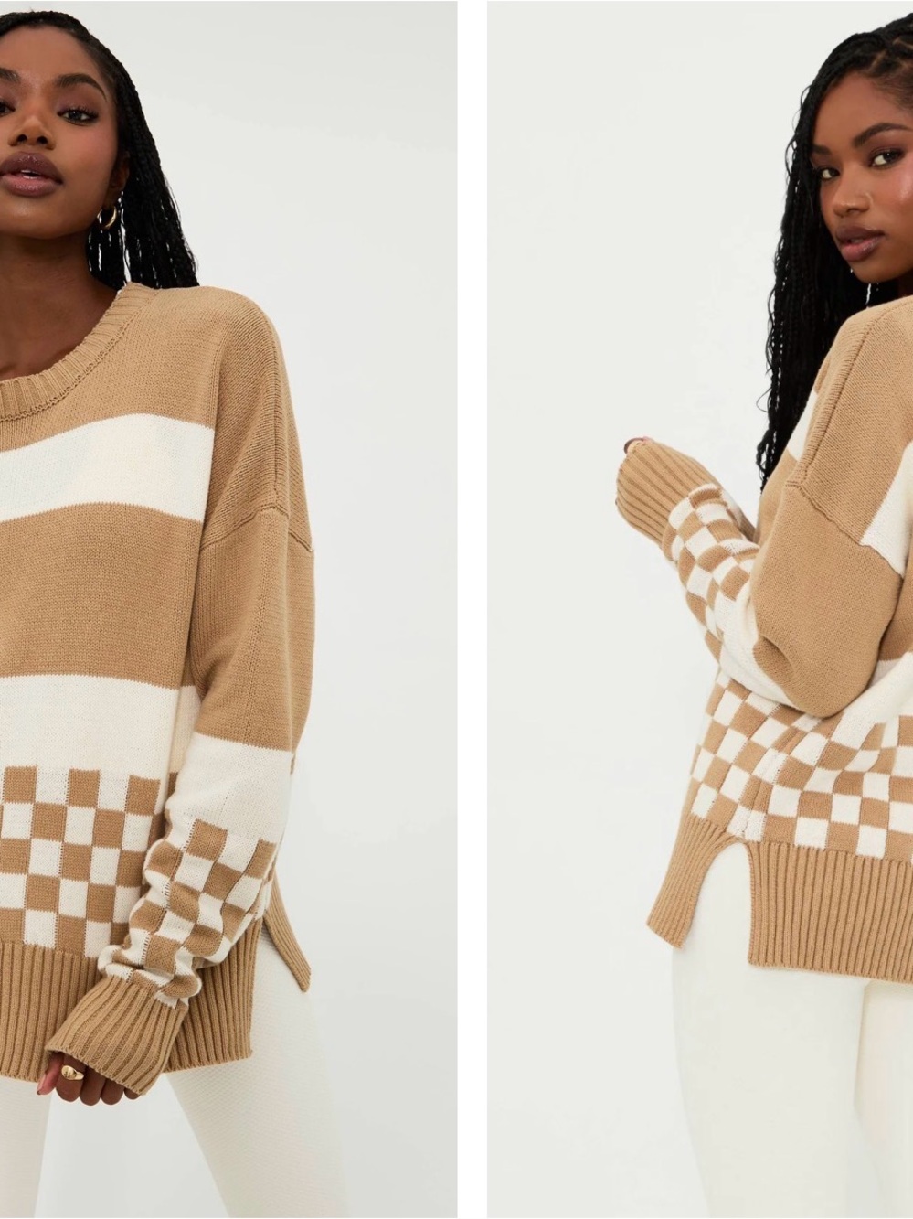 Beach Riot Tan & White Checkerboard Stripe Sweater Callie Sweater Taupe Check